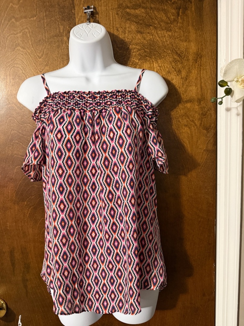 Moa Moa Pink Navy Multicolor Off-Shoulder Smocked Camisole